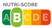 Nutri-Score etikett B. Fem färgfält från grönt, ljusgrönt, gult, orange till rött med bokstäverna A, B, C, D och E. Det ljusgröna färgfältet med bokstaven B är större än övriga.