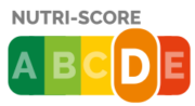 Nutri-Score etikett D. Fem färgfält från grönt, ljusgrönt, gult, orange till rött med bokstäverna A, B, C, D och E. Det orangea färgfältet med bokstaven D är större än övriga.