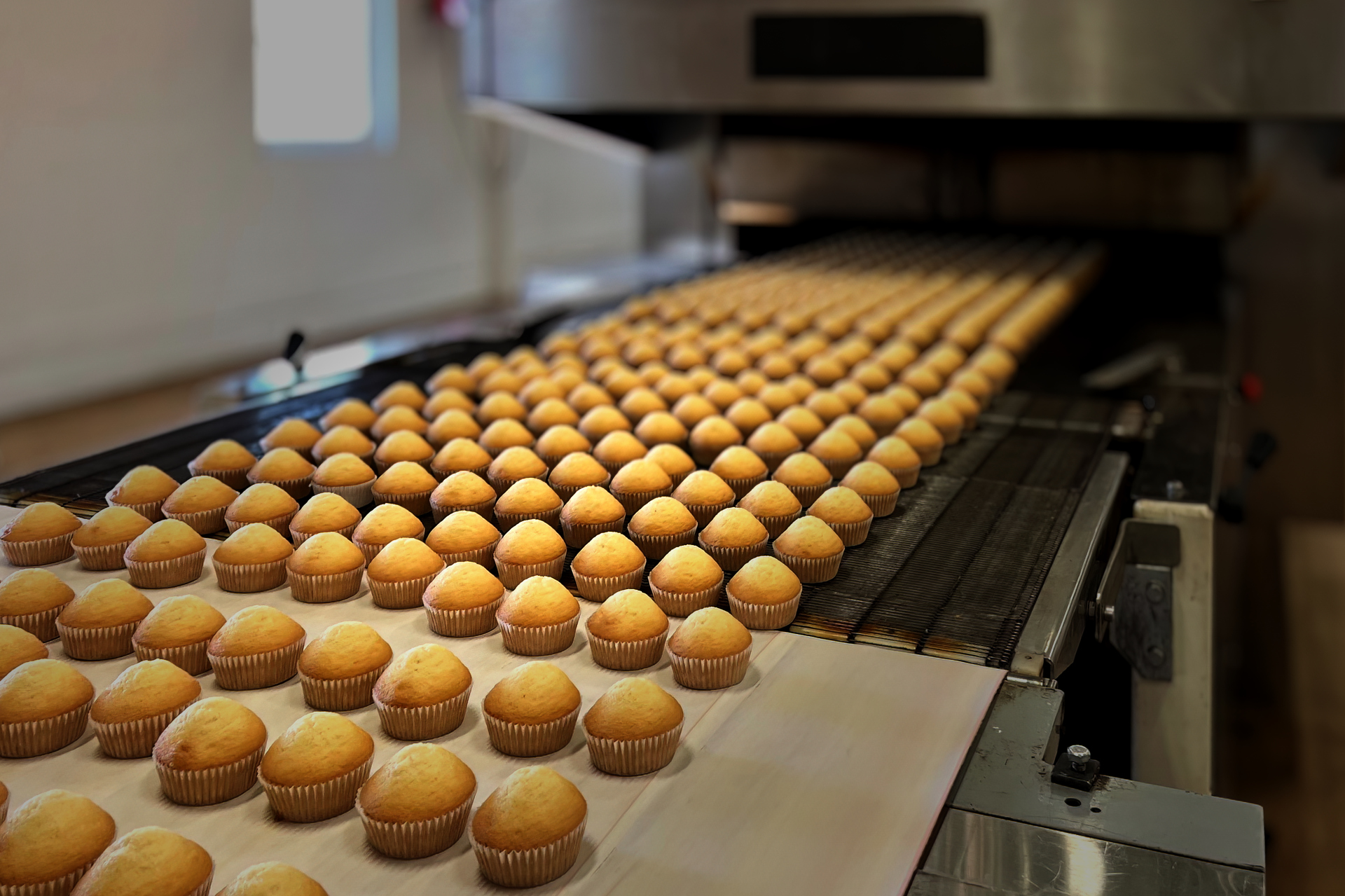 Långa rader med nybakade muffins som kommer på ett bakband